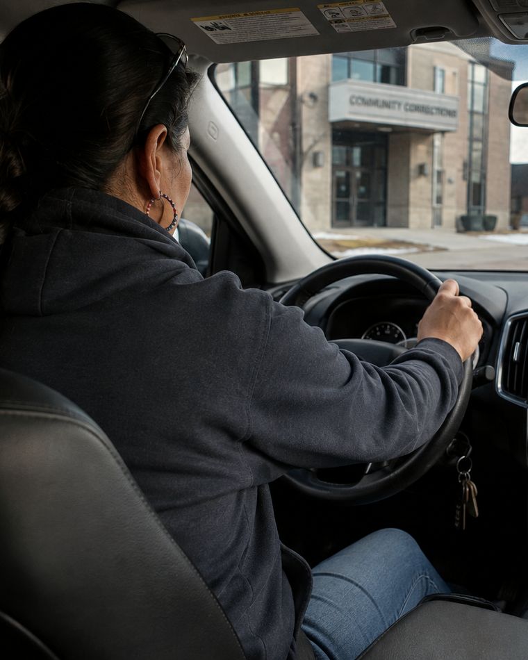 A volunteer driving toward a community corrections office for a pickup