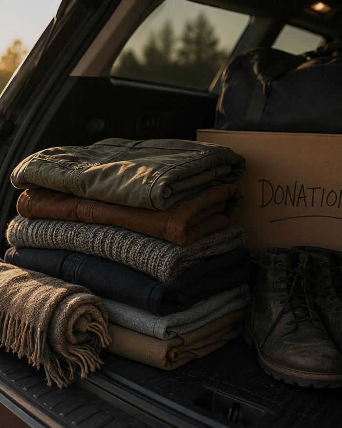 Donated clothing and blankets loaded in a vehicle at sunrise