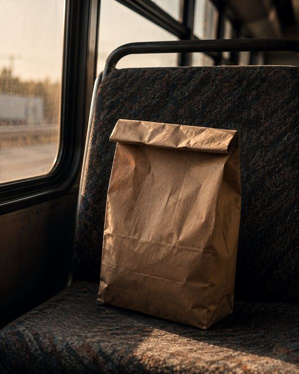 A paper property bag on a bus seat at sunrise