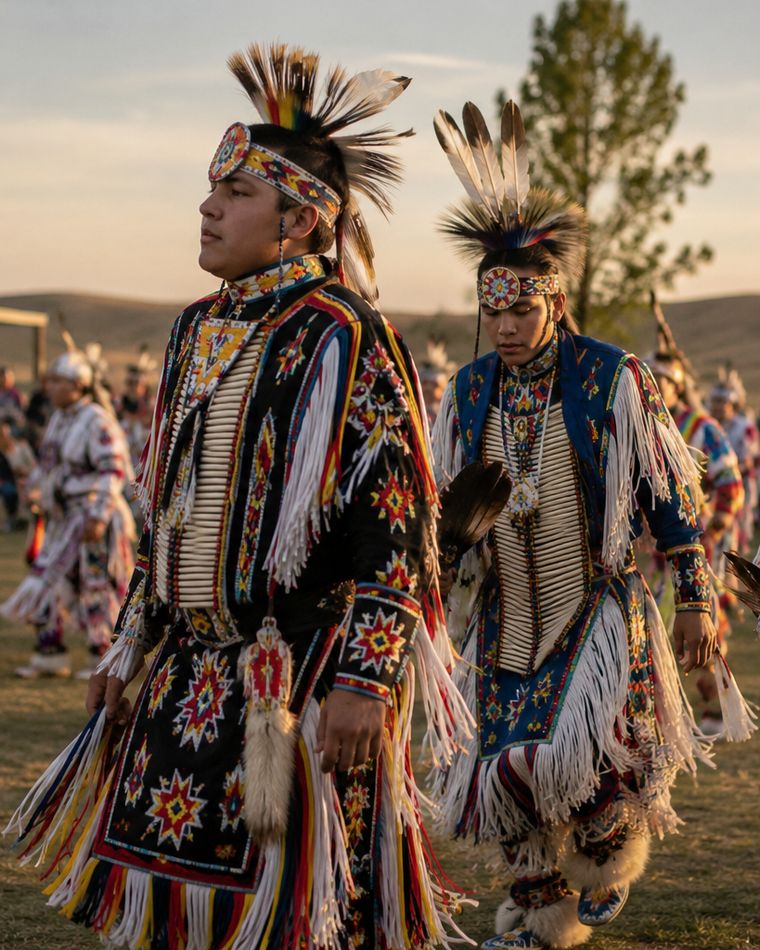 Dancers entering the arena at a Wacipi at sunset
