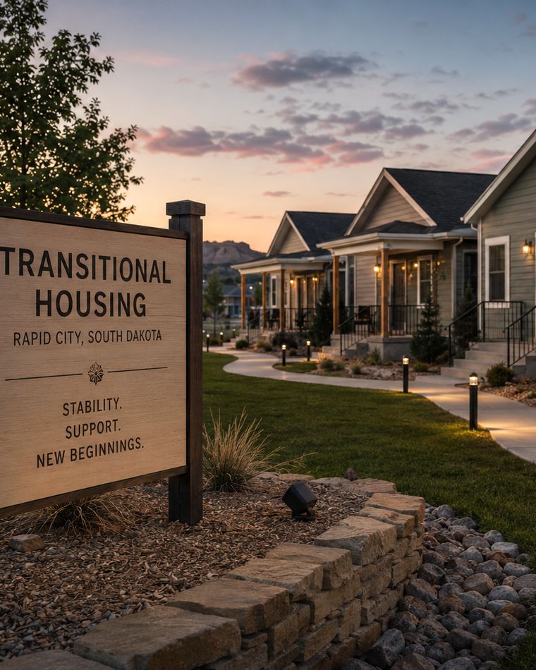 A transitional housing site in Rapid City at dusk, sign reading Stability, Support, New Beginnings