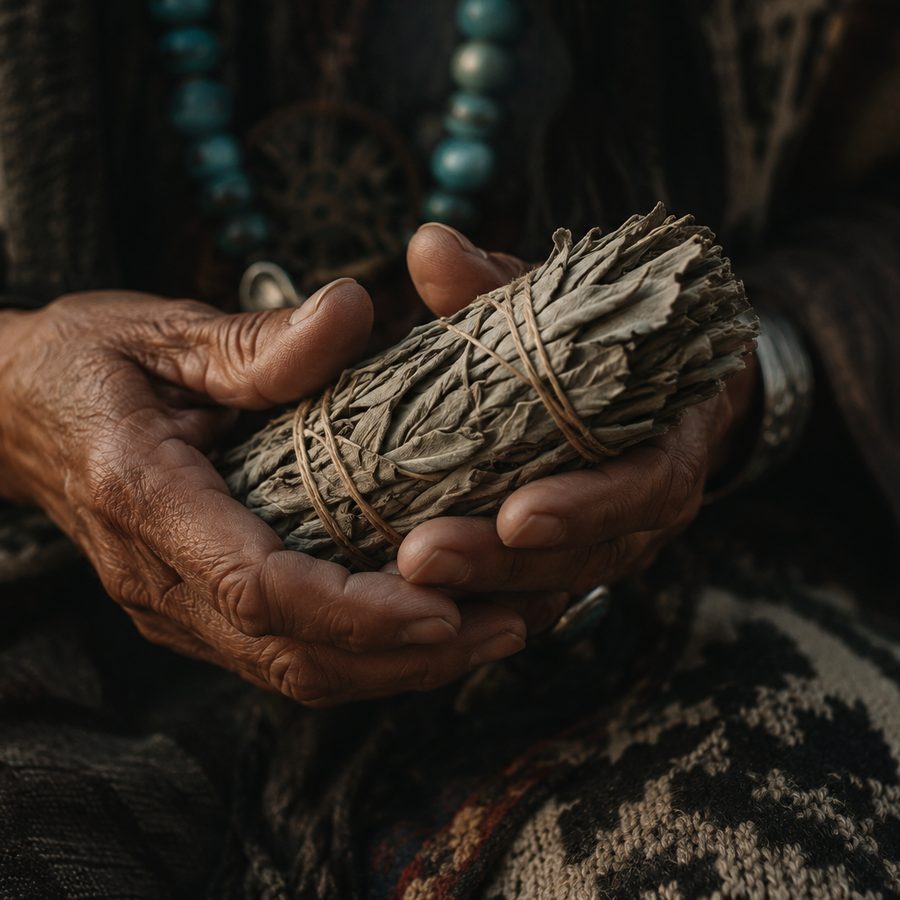 Elder hands holding a bundle of sage
