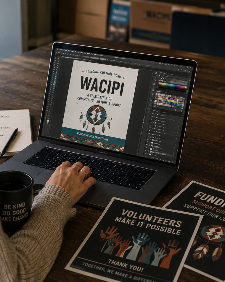 A volunteer designing a Wacipi flyer and outreach materials