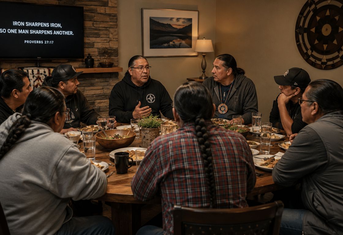 Men gathered around a table over a shared meal at the weekly Voices meeting