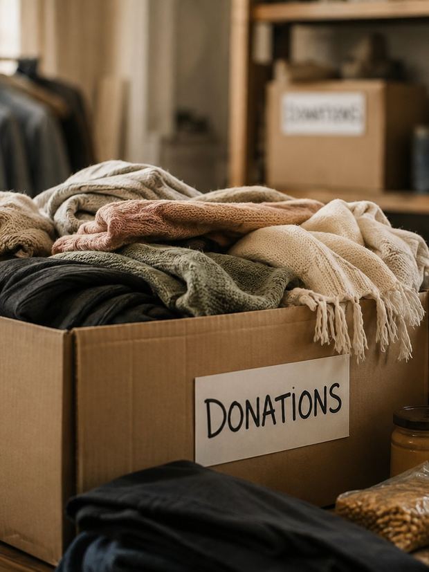 A donations box of folded clothing and food