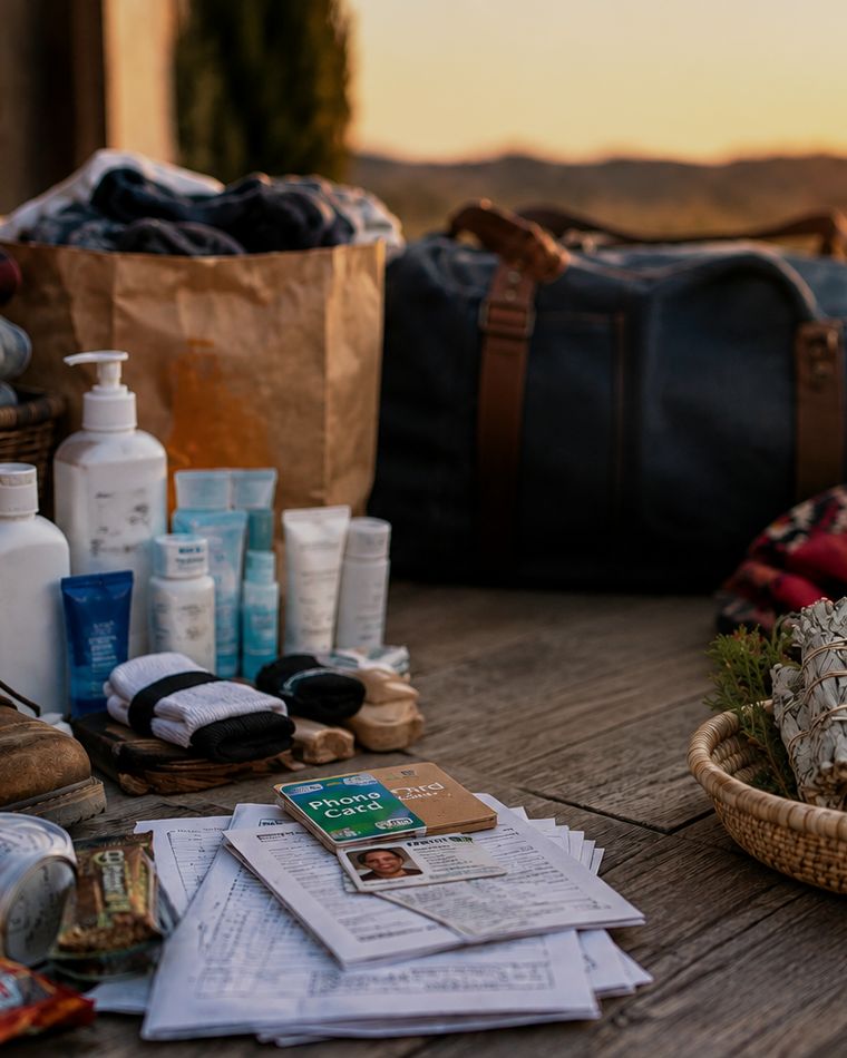 A homecoming kit laid out at sunrise: boots, clothing, toiletries, a phone card, documents and a bundle of sage