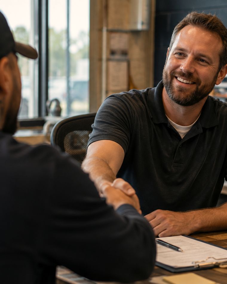 A man shaking hands with an employer across a desk after a job interview