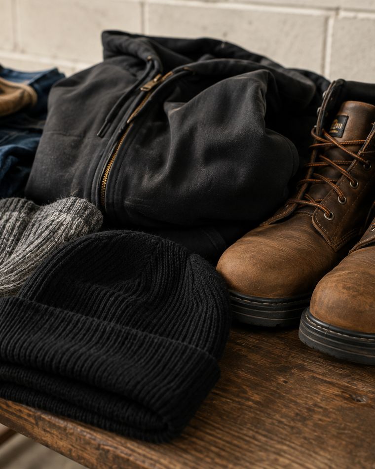 Work boots, a canvas coat, jeans, wool socks, a knit hat and work gloves laid out on a bench