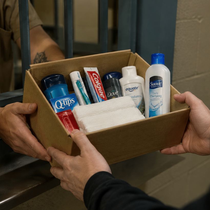 A box of toiletries handed through at a facility