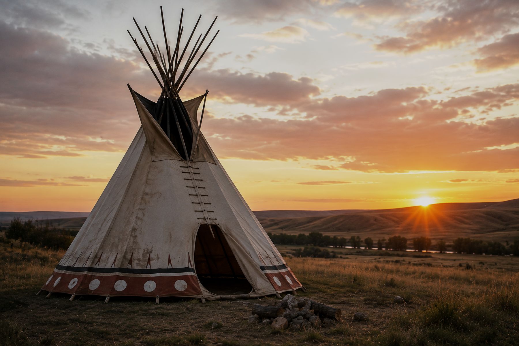 A tipi standing on the prairie at sunset with a fire ring beside it