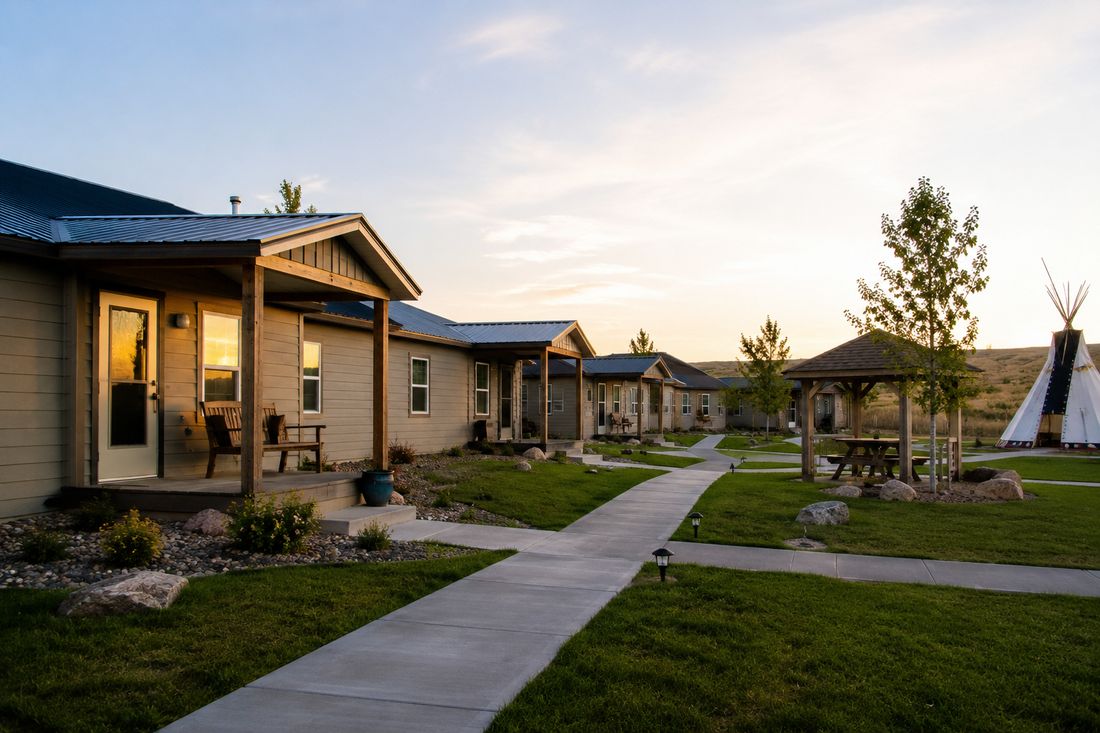 A row of small transitional homes with a shared pavilion and tipi at sunset