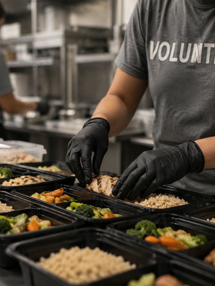 A volunteer plating meals for the weekly gathering