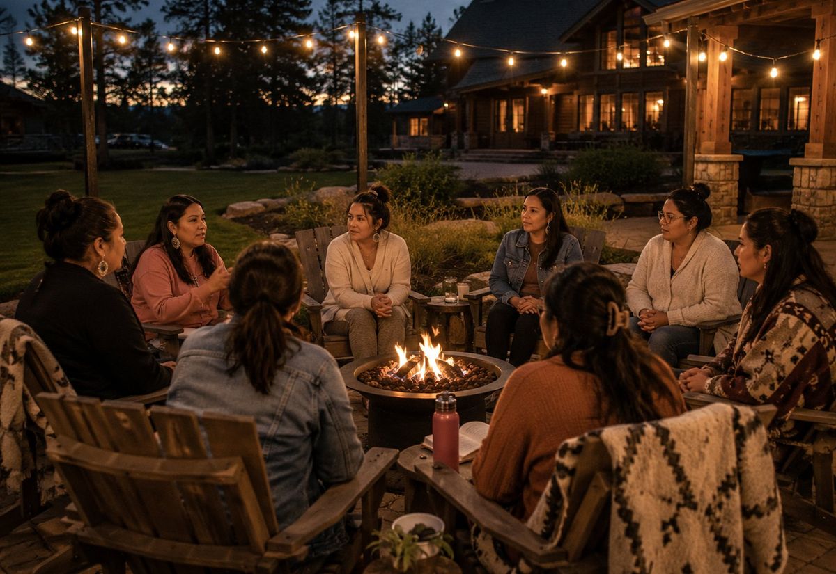 Women seated in a circle around a fire at dusk