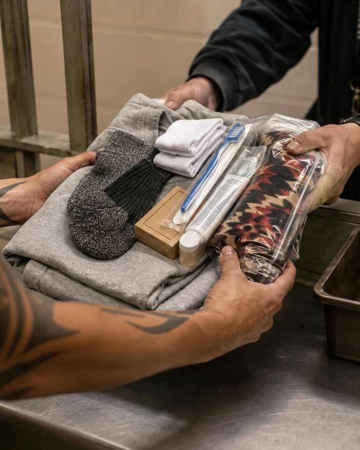Clothing, socks and toiletries passed across the property counter