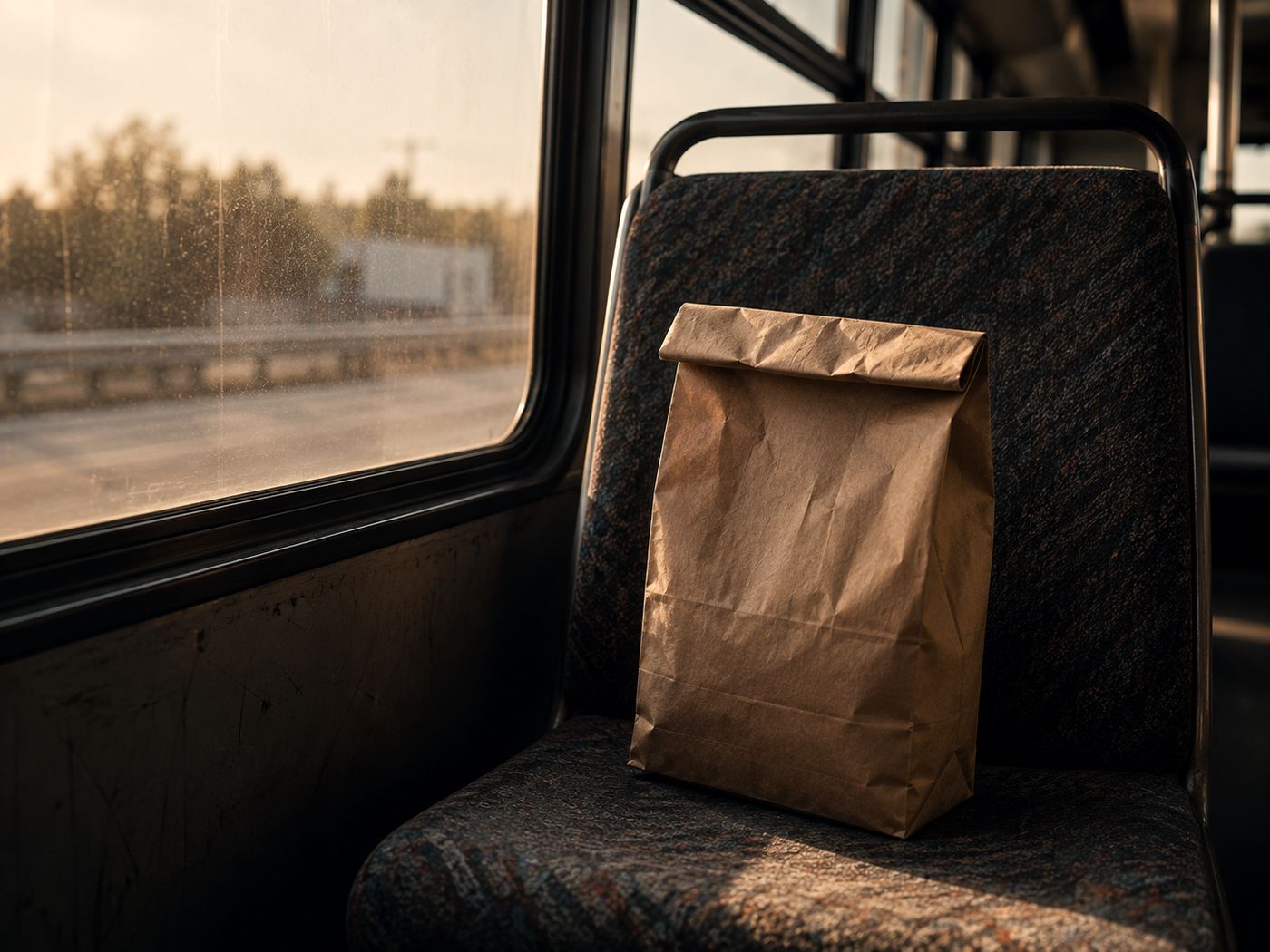 A paper property bag on a bus seat at sunrise